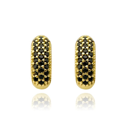 Brinco Argola Cravejada em Zircônia 25 Pedras Pretas (Banho Ouro 24k)
