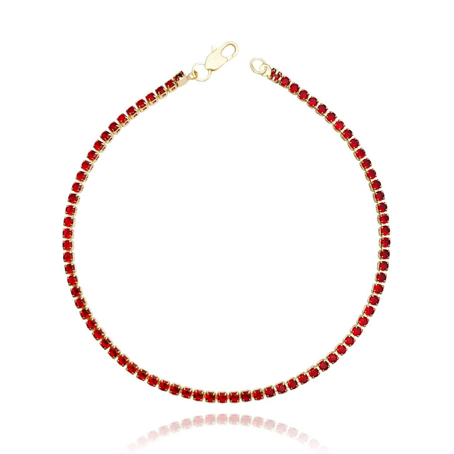 Pulseira Riviera Zircônia Vermelha 1,8mm (Fecho Garra) (Banho Ouro 24k)