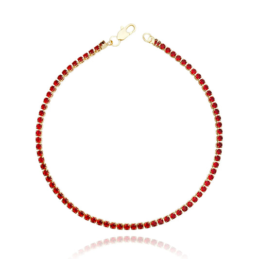 Pulseira Riviera Zircônia Vermelha 1,8mm (Fecho Garra) (Banho Ouro 24k)